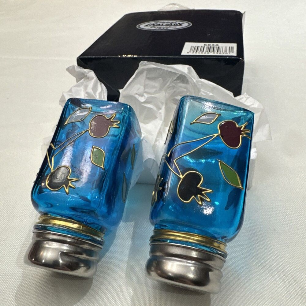 Salt & Pepper Light Blue Glass Shakers - Pomegranates - Karshi Jerusalem New Box - Picture 2 of 7